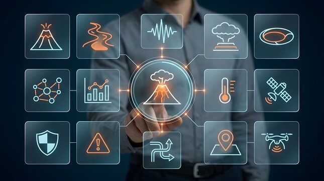 Man interacting with digital natural disaster monitoring interface