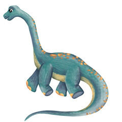 Cute hand painted blue long neck dinosaur with orange spots and a curved tail, created as a friendly children's illustration isolated on transparent background  © Mariia