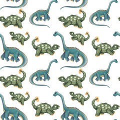 Cute hand painted dinosaur seamless pattern featuring friendly green and blue long neck dinosaurs with orange spots, designed for children's and nursery projects on transparent background  © Mariia