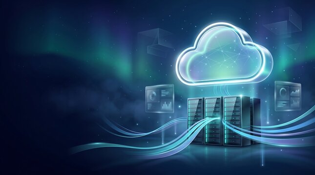 Server racks with glowing cloud icon and holographic data interfaces set against aurora borealis background representing global cloud computing and atmospheric data networks