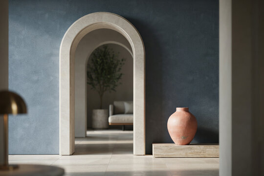 Modern Mediterranean Interior Featuring Stone Arched Doorways and Minimalist Decor in a Serene Blue Living Space