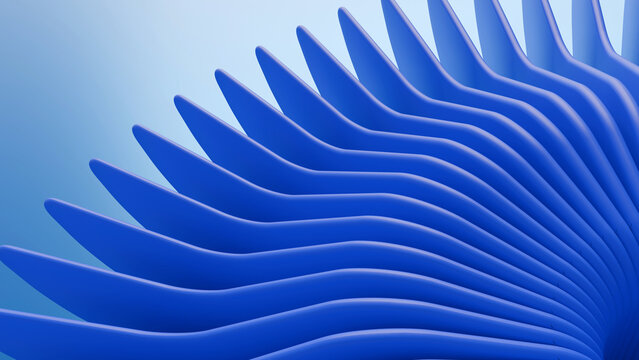 Abstract blue 3D geometric fan structure with curved fins. Perfect for technology backgrounds, modern corporate branding, slide presentations, and UI cover designs