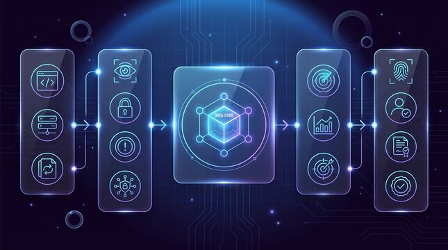 Centralized data core interface illustration with comprehensive security and analytical tracking icons designed for enterprise level information management and network protection systems