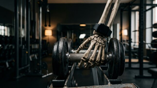 Skeleton hand wearing a fitness smartwatch while gripping a heavy dumbbell in a dark modern gym
