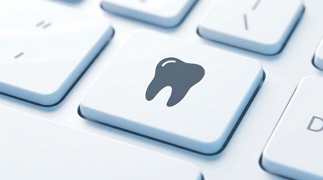 Online Dental Care Concept with Tooth Icon Key on Computer Keyboard for Booking