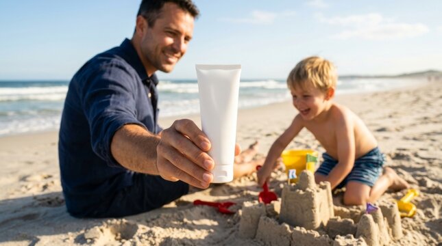 Smiling father presenting a blank sunscreen tube while his young son plays with a sandcastle on the beach