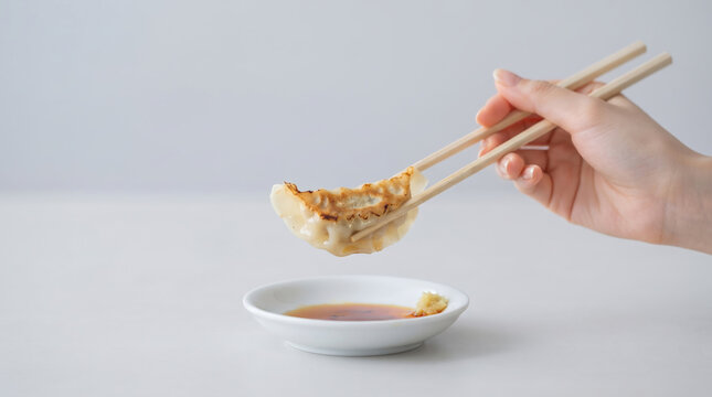 箸で焼餃子を1つ持ち上げてタレにつける手元の画像