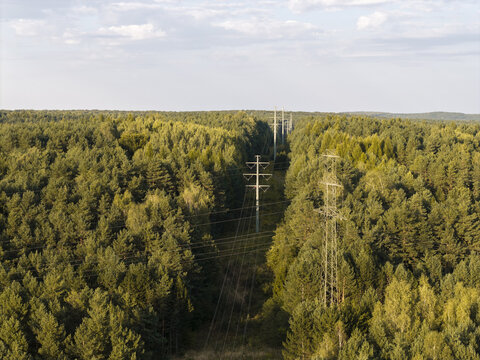 Aerial view of High Voltage Power Transmission Lines Crossing a Forest with Cleared Right of Way