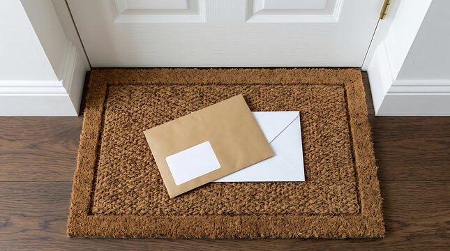 Two envelopes rest on a doormat outside a white door, suggesting mail delivery or a new message
