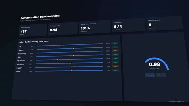 Sleek financial interface with glowing charts and compensation metrics, serving as a budget tracker for corporate human resources management, financial planning, and business salary analysis.