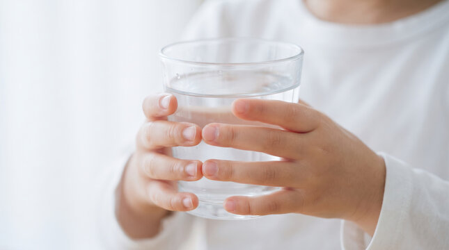 コップに入った飲料水を両手でしっかりと持つ子供の手元