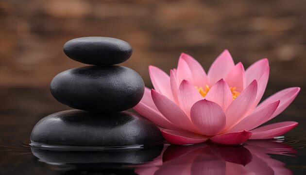 Close up of smooth black massage stones stacked next to a blooming pink lotus flower on water reflection, representing spa wellness, zen meditation, and holistic therapy
