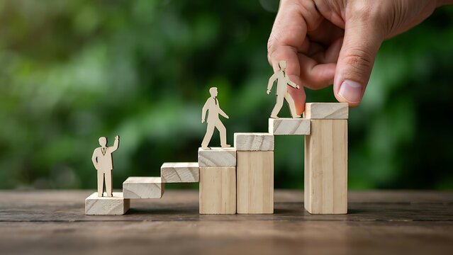 Concept of career growth and business mentoring with hand placing wooden figures on staircase