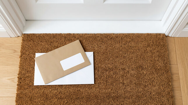 Mail envelopes and letters delivered on a coir doormat at the entrance of a house doorstep
