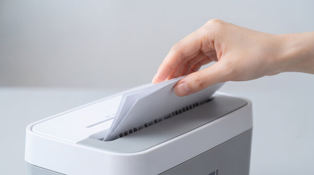 シュレッダーに書類を投入して個人情報を破棄する手元