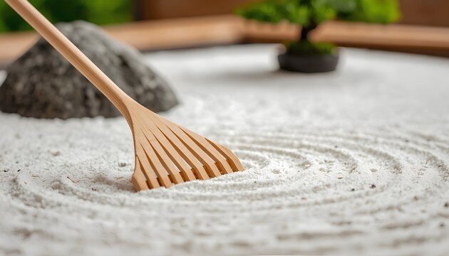 Macro shot of a mini wooden rake making circular patterns in a zen garden white sand, representing mindfulness, meditation