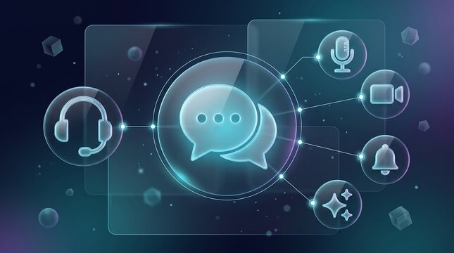 Digital communication platform interface with glowing speech bubble icon connected to microphone video call and notification symbols representing modern collaborative work tools