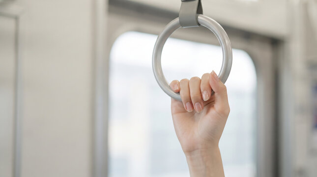 電車内で吊り革に掴まる女性の手元