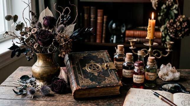 Witchcraft still life with spell book, candles, crystals and dried flowers. Halloween theme