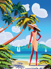 Obraz premium Beautiful young woman on tropical beach in the first plan. Palms, ocean and island on the background. Hawaii travel vacation poster template. Handmade drawing vector illustration.