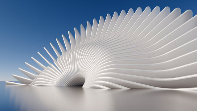 Futuristic white parametric architectural structure render against blue sky. Great for modern architecture concepts, tech background banners, and corporate design portfolios