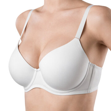 White seamless underwire bra with molded cup and side support worn by model on transparent background