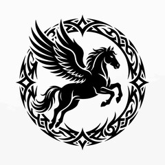 Fototapeta premium Black Pegasus Silhouette Tribal Circle Graphic