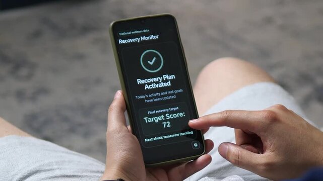 Wellness app confirms an activated recovery plan on a smartphone, reflecting the rise of personalized health tracking, rest goals and digital self-care routines.