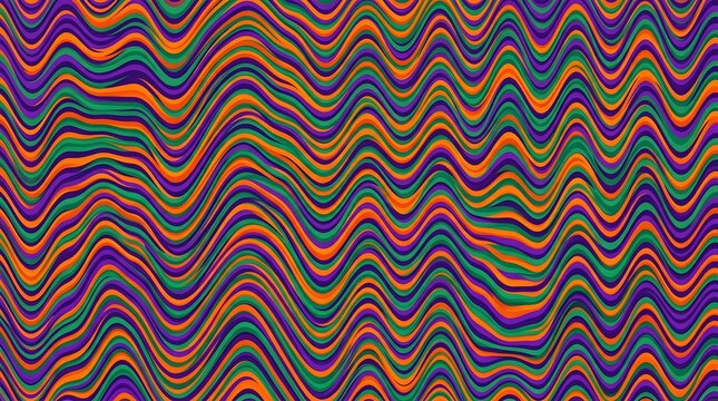 Psychedelic wavy line pattern, retro 70s colorful abstract background, vibrant distorted ripple texture, trippy optical illusion wallpaper