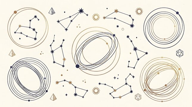 Set of hand-drawn constellations and star charts on vintage paper background