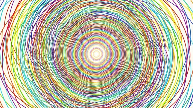 Vibrant rainbow spiral background, colorful circular line art pattern, abstract swirl of multi-colored rings on white