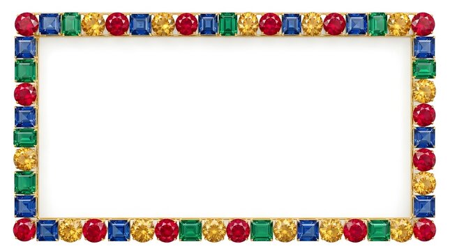 Jeweled gemstone frame with colorful crystals. Luxury jewelry border on white background. Elegant ruby and emerald decorative frame.