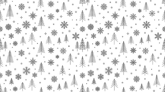 Subtle minimalist Christmas pattern with simple grey pine trees, stars, and snowflakes on a white background. Perfect for modern, Scandinavian-style holiday wrapping paper and stationery.