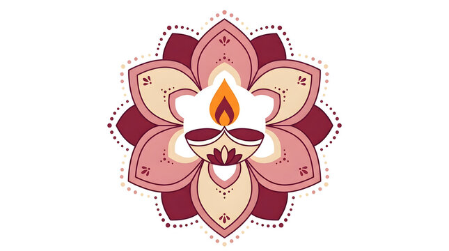 Happy Diwali diya oil lamp vector illustration with floral lotus rangoli mandala ornament, Indian Deepavali festival of lights concept isolated on white background