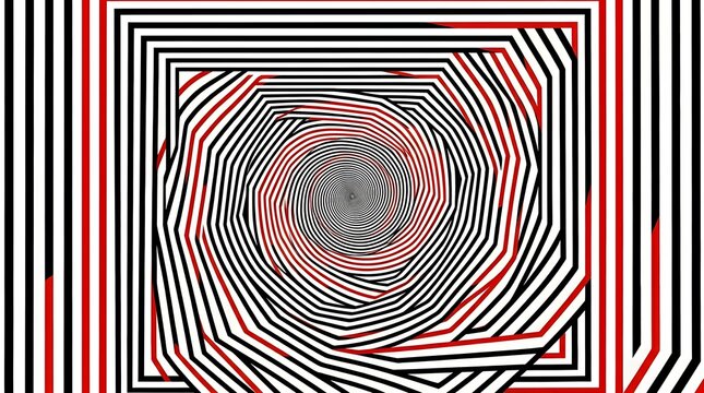 Hypnotic optical illusion background, red and black geometric spiral pattern, psychedelic tunnel vortex with concentric lines