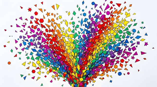 Colorful geometric confetti explosion on white background, vibrant paper shapes falling, festive party celebration decor
