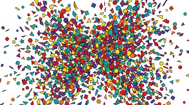 Colorful geometric confetti explosion on white background, vibrant paper shapes falling, festive party celebration decor