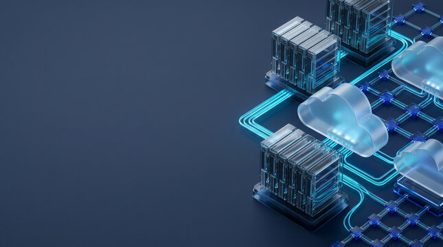 Server racks connected to cloud icons with glowing blue network lines on dark background