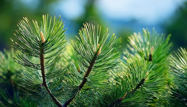 A Detailed Close Up Shot Of Vibrant Green Pine Needles And Branches With A Soft Blurred Sky Background