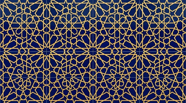 Islamic geometric pattern with gold lines on dark blue background, elegant arabic star ornament, traditional oriental seamless motif