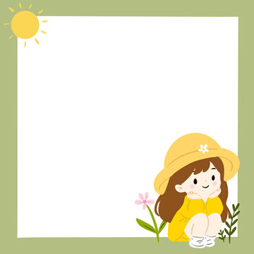 Cute Girl with Yellow Hat Photo Frame Vector Template, Hand Drawn Girl and Sun Border Design, Square Frame for Social Media and Cards