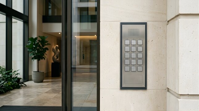 Modern intercom system mounted on stone wall at apartment building entrance