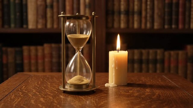 Sand falling through brass hourglass beside lit candle in library 