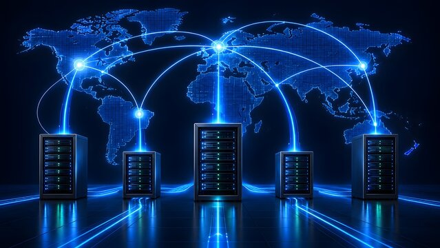 Data center server racks connecting to a digital world map via glowing blue optical fibers representing global network infrastructure and international hosting