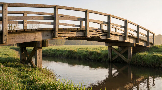 Damaged wooden bridge featuring a visibly repaired plank stands level across a quiet stream