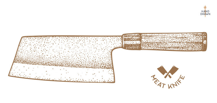 Butcher Knife. Hand drawn sketch. Cleaver Knife. Butchery symbol, icon logo, sign. Silhouette butcher knife, sketch. Template sign, meat shop market, butchery sketch design. Vector Illustration