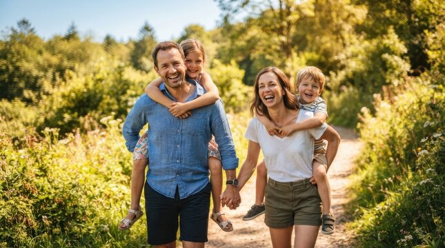 Happy family enjoying a sunny day with children on their backs in nature