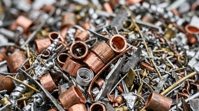A close up view of mixed metal waste featuring copper pipe pieces, shavings, and copper wire scrap sitting in a large pile at a recycling facility, ready for sorting