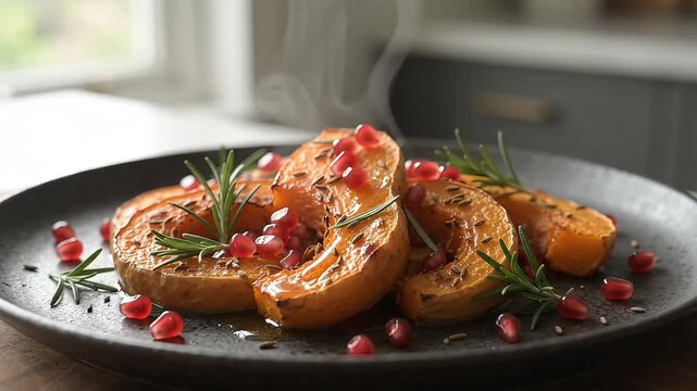 Pouring oil on hot roasted squash with rosemary and pomegranate 