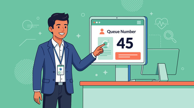 Man Points to Queue Number Display on Computer Screen, Customer Service